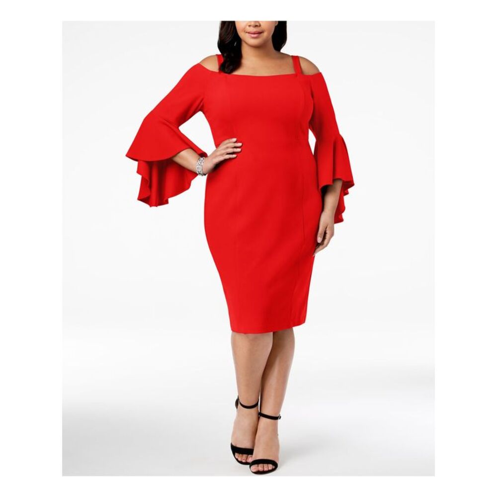 R&M RICHARDS WOMAN Womens Red Removable Strap Flared Sleeves Dress Plus 14W